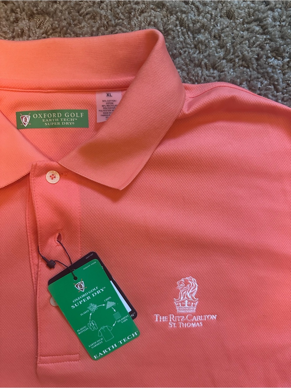 Ritz Carlton St Thomas Oxford Golf Polo XL Coral NWT Earth Tech